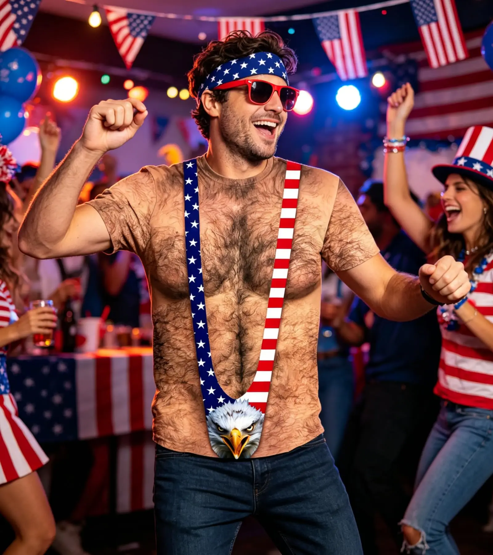 Fun 3D Printed T-shirts  Men, Featuring American Flag Design, Bald Eagle Motif, Fake Chest Hair,  Novel Party Cosplay Elements.