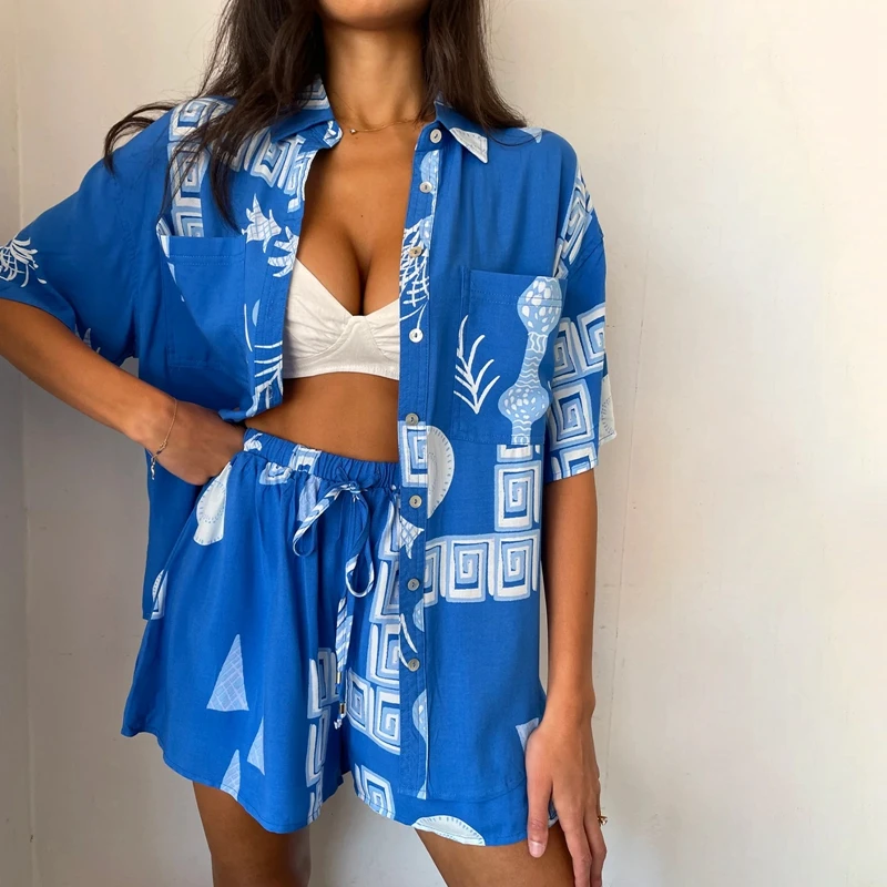 Bohemian 2 Piece Set Graphic Print Short Sleeves Button Blouse Shirt + Elastic Shorts 2 Piece Loungewear Summer Vacation Outfits