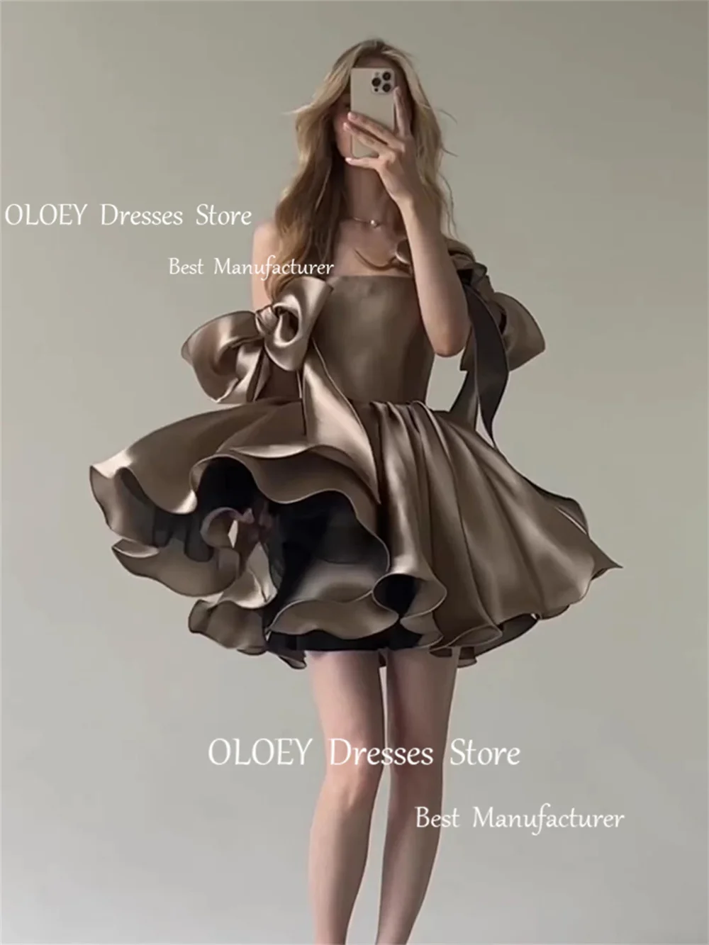 OLOEY 2024 Sexy Evening Dresses Lace-up Bow Sleeves Above Knee Solid Color Satin Prom Dress Photoshot High Waist Party Dress