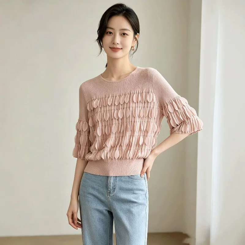 Miyake Pleated T-Shirt Women 2026 Autumn New Round Neck Leaf Tassel Top Patchwork Half Sleeve Waist Slimming Elegant Pleats Top