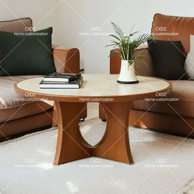 Retro Solid Wood Coffee Table with Natural Stone Slab Top Simple Light Luxury Creative Side Table for Living Room Small