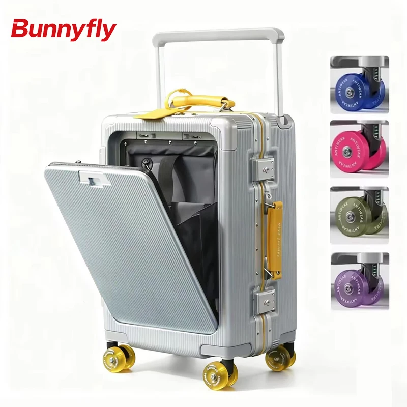 Front Opening Luggage High Quality PC Aluminium Frame Suitcase Wide Handle Carry on Travel Luggage With Laptop USB Charger Port