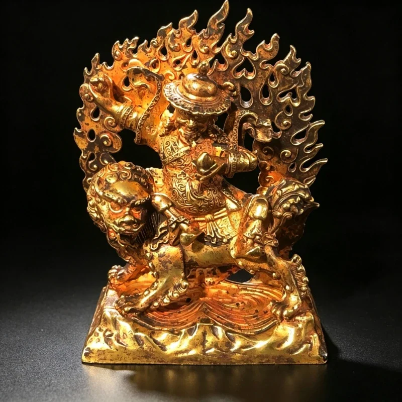 Vintage Tibetan Guardian Deity Statue Riding Lion Flame Mandorla Backplate Tantric Buddhist Altar Collectible Ornament