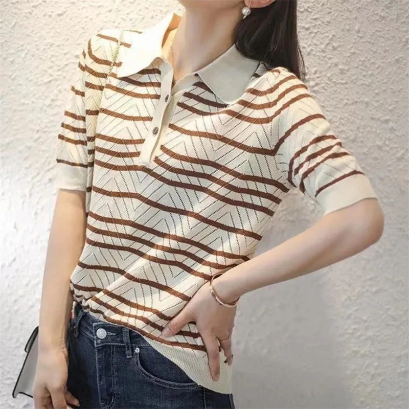 Women Trendy Hollow Out Striped Polo Collar Ice Silk Knitted T-shirt 2024 Summer Simple Casual Short Sleeve Loose Pullover Tops