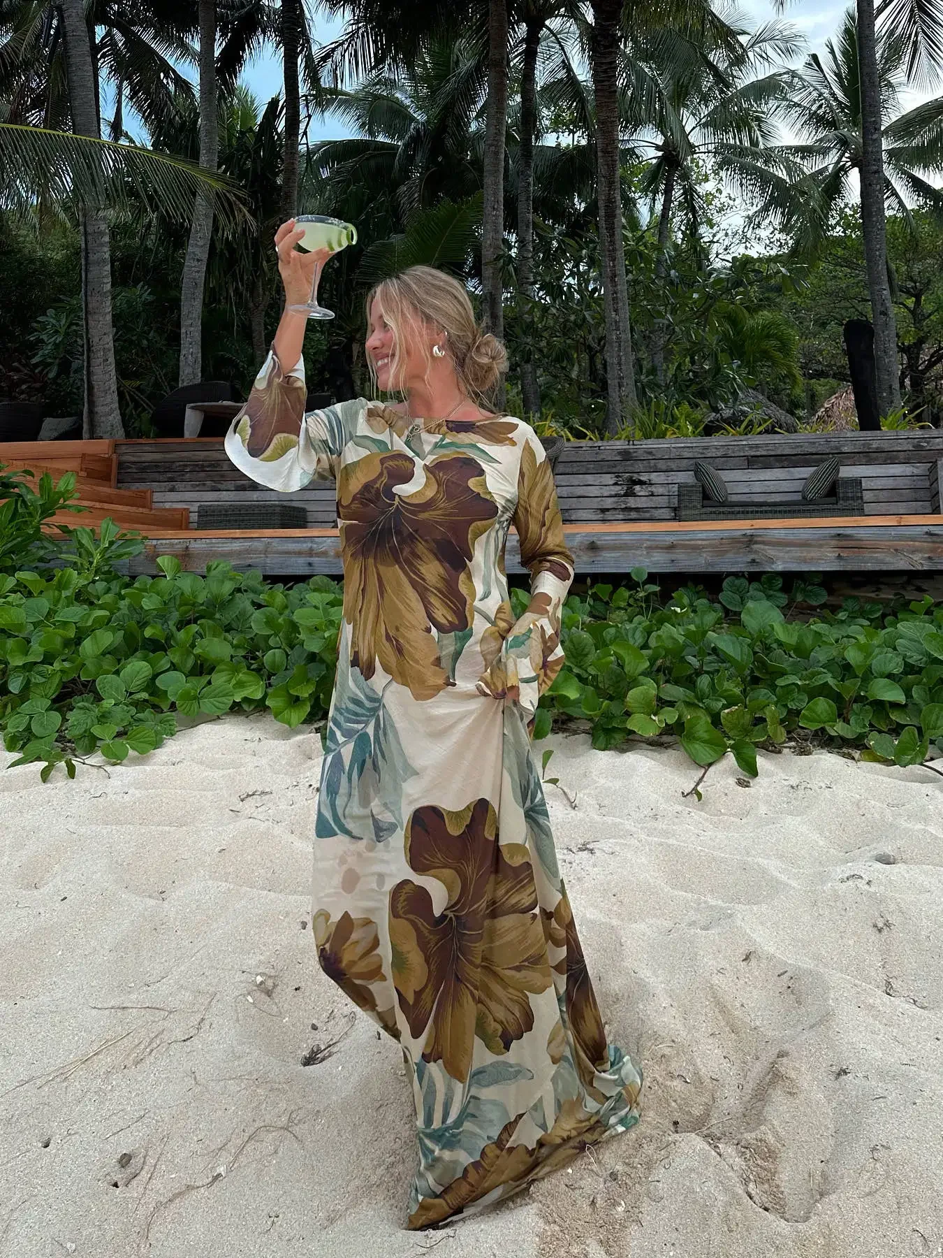 Robe Maxi rétro à imprimé Floral pour femmes, col en v, manches longues, Vintage, Slim