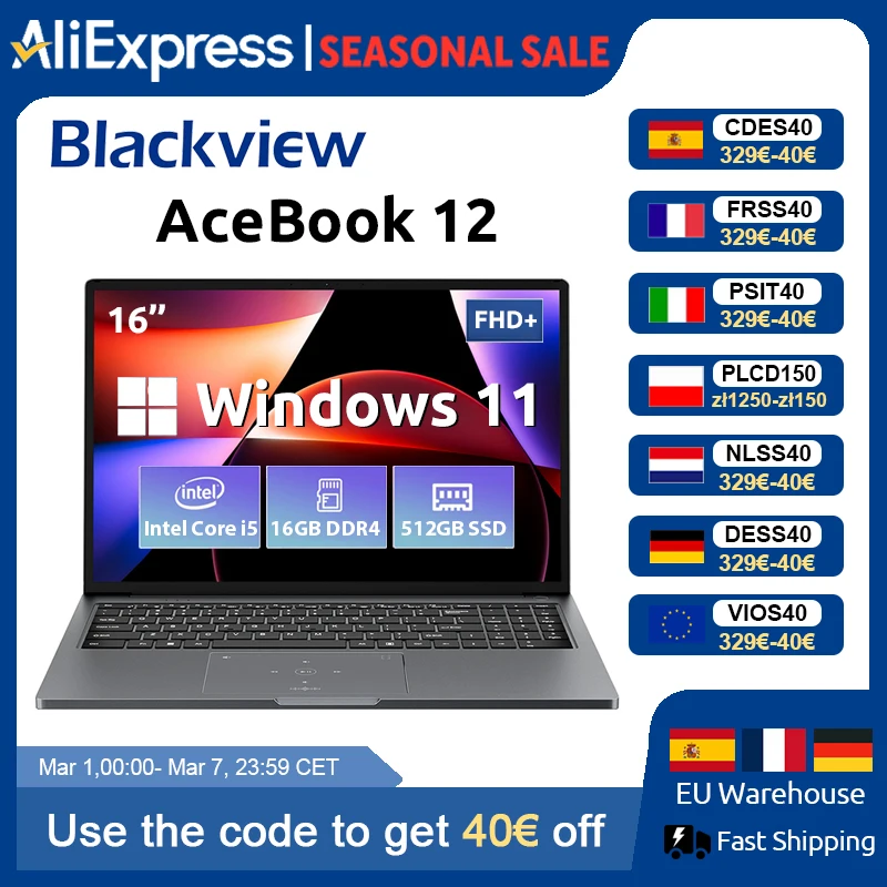 Blackview-ordenador portátil 12 Win 11, 16 ", IPS FHD, Intel I5-1030NG7, 16GB de RAM, 512GB SSD, botón de encendido de huella dactilar 2 en 1