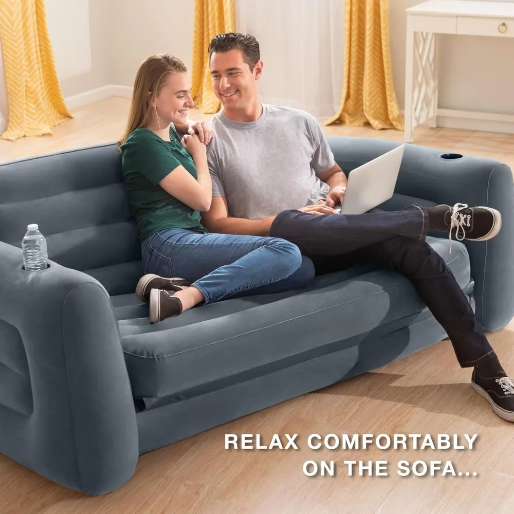 Intex 66552EP Inflatable Pull-Out Sofa: Built-in Cupholder – Velvety Surface – 2-in-1 Valve – Folds Compactly