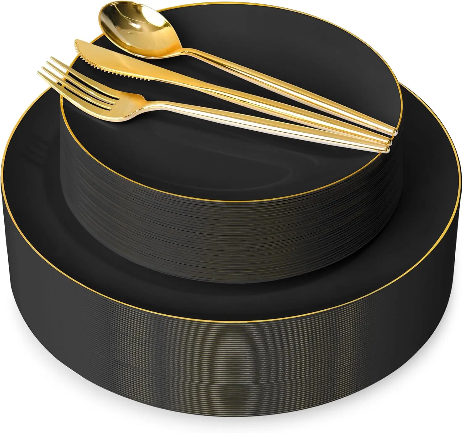 

150Pcs Black Plastic Plates,Plastic Dinnerware Set Include 30 Dinner Plate,30 Dessert Plate,90 Gold Cutlery Set