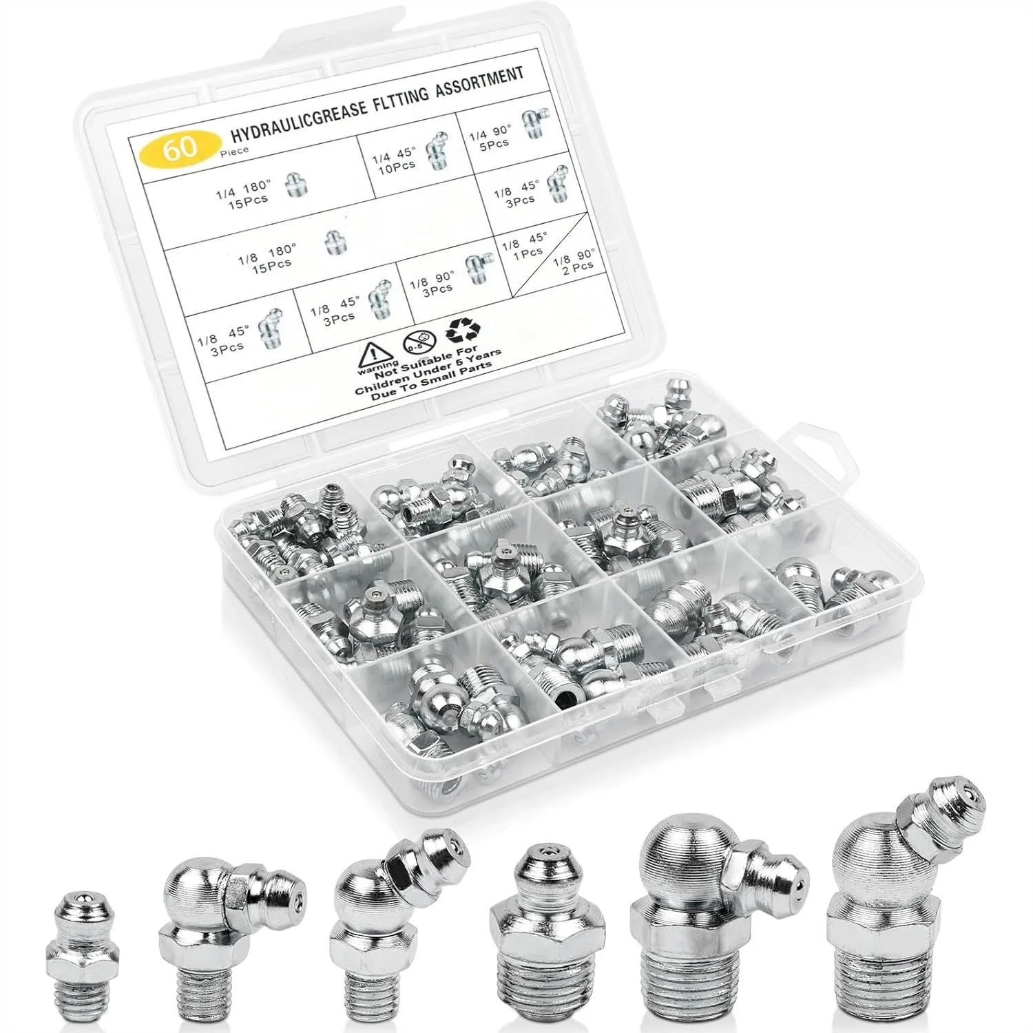 

60Pcs Grease Fittings Kit, 1/4 & 1/8 Inch BSP Zerk Assortment with 90°,45°,Straight Angle for Automotive,Tractors,Industrial