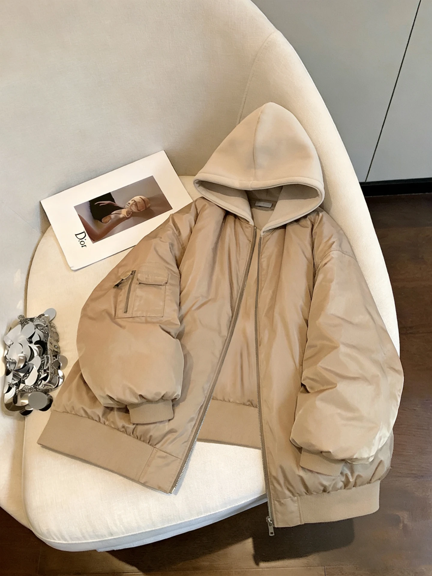 

American Retro Zipper Hooded Pilot Jaet Cotton Coat Women Autumn Winter Simple Loose Slimming Cotton Outerwear Coat