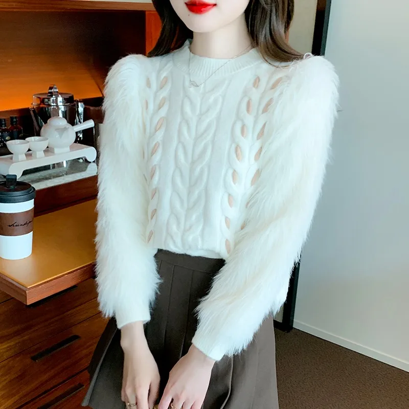 

New Autumn and Winter Mink Puff Twist Sweater Women's Tops Look Slim Versatile