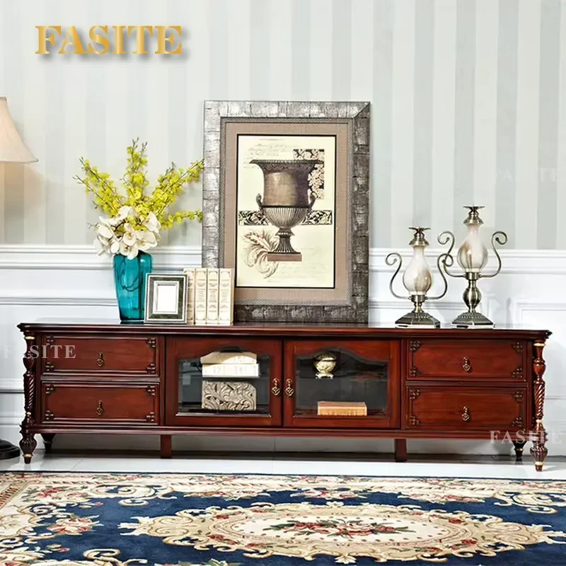 American-style Vintage Solid Wood TV Cabinet with Drawers High-end Living Room Floor-standing Storage Cabinet for Villas