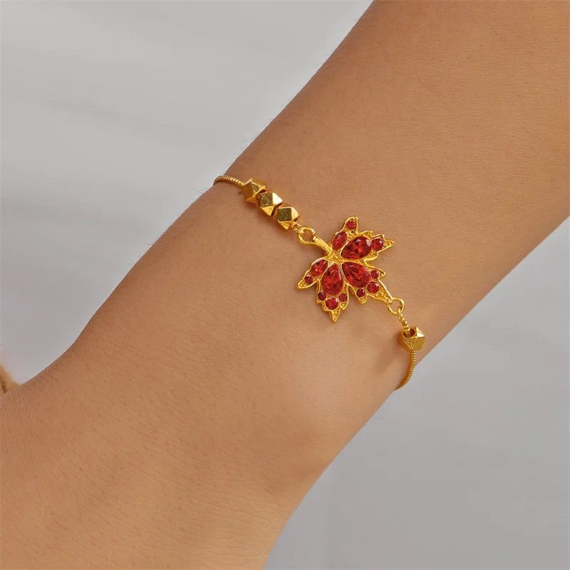 Luxury Red Zircon Maple Leaf Beads Bracelet for Women Korean Style Golden Chain Party New Plant Year Accessory Gift