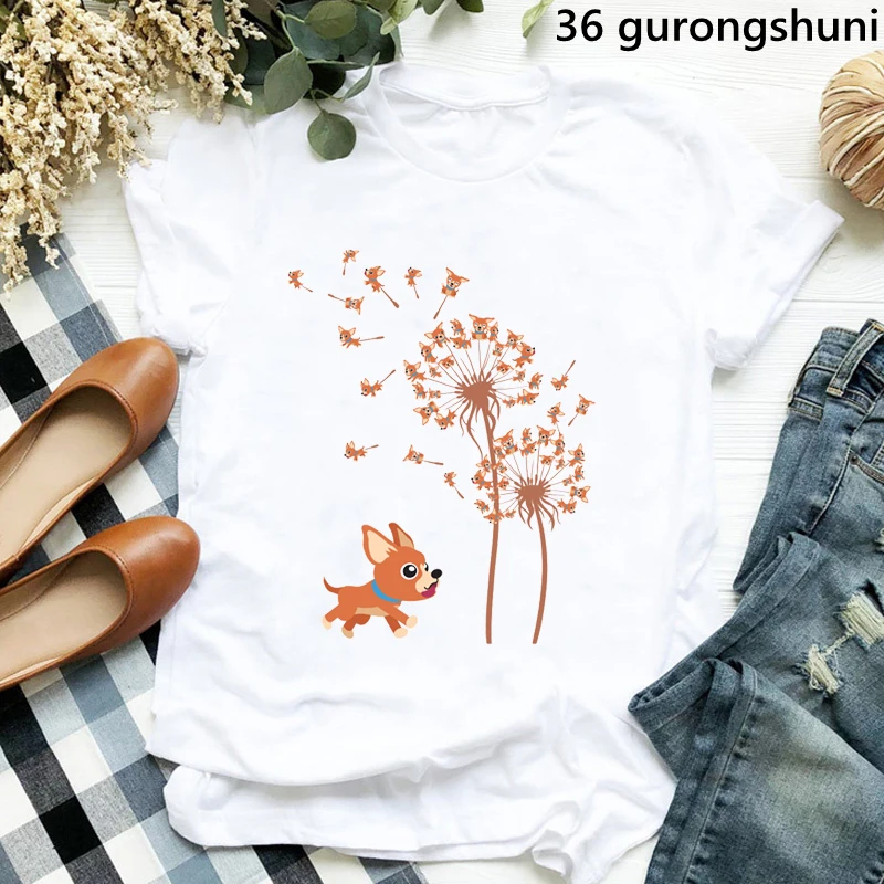 

2022 women T Shirt Women'S Clothing Dandelion Tree Print Tshirt Femme Dachshunds/Corgi/Beagle Dog T-Shirt Female Streetwear