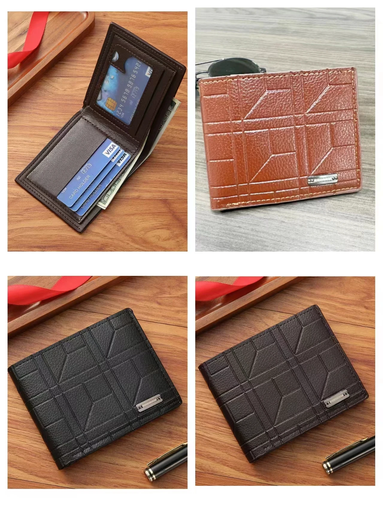 Men's Causal Short Wallet Fashion Plaid Horizontal Soft Leather Wallet Coin Wallet Male Card Holder Purse Multifunctional Bag