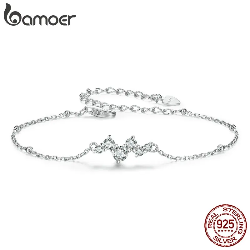 BAMOER 925 Sterling Silver Dainty Starry Chain Bracelets for Women, White Gold Plated Handmade Adjustable Bracelet Birthday Gift