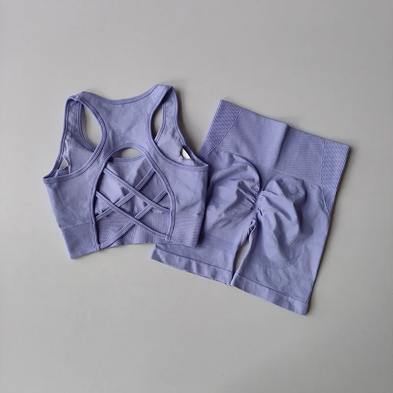 Бесшовный комплект для йоги для женщин, сексуальный спортивный бюстгальтер, спортивные шорты с высокой талией, спортивная одежда, комплект с бюстгальтером для фитнеса, костюм с шортами из 2 предметов