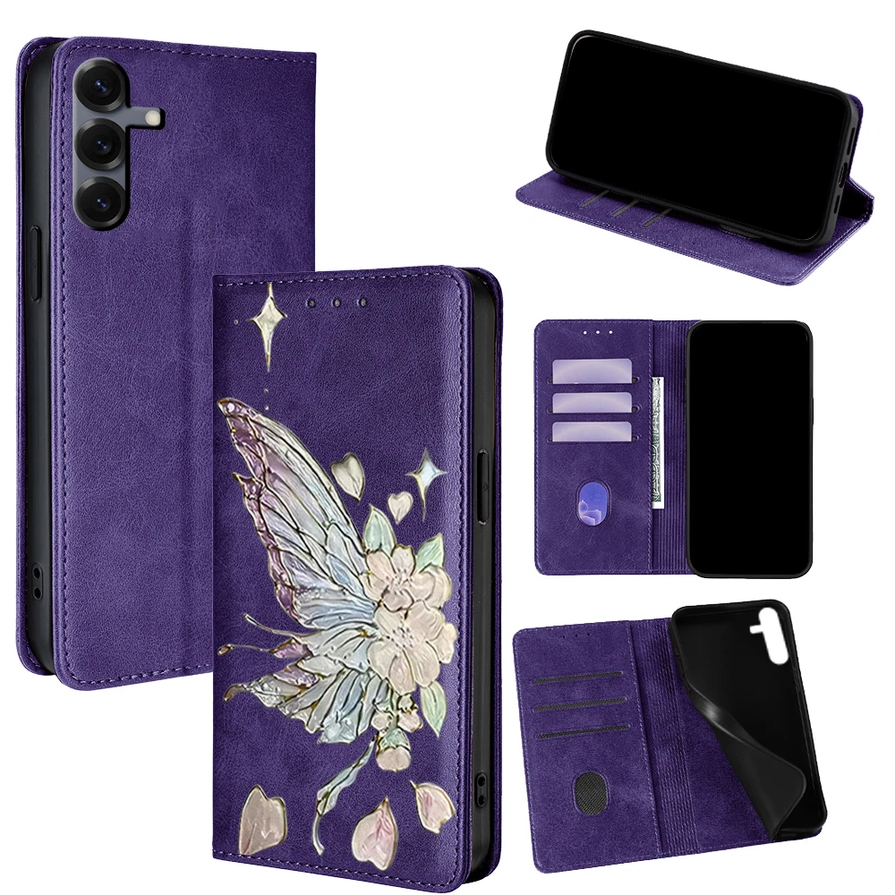 Schmetterlingsmuster Magnet Ledertasche für Samsung Galaxy S25 Ultra S25 FE S24 S23 S22 Plus A17 A07 A56 A36 A26 Flip Wallet Cover