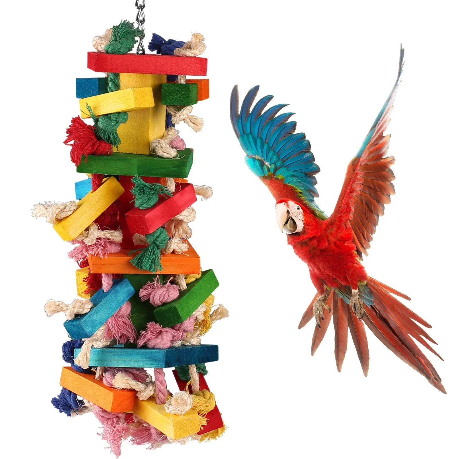 50CM Parrot Toy For African Grey Macaws Cockatoos Colourful Wooden Bird Cage Bite Toy Chewing Blocks Knots Tearing Pet Bird Toy
