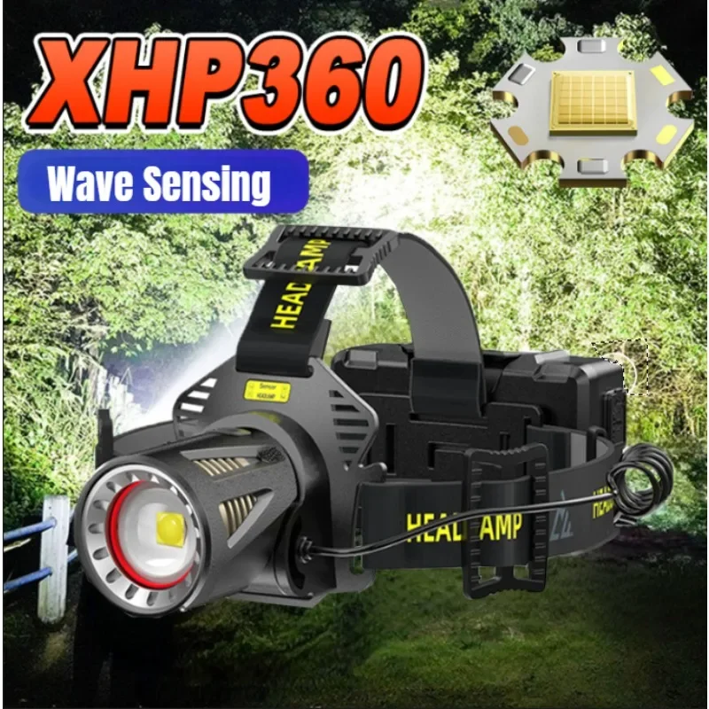 

Мощный головной фонарик XHP 360/XHP 70*3/30 Вт, фонарь с датчиком волны, 3 режима, перезаряжаемый водонепроницаемый фонарь для работы, фонарь для кемпинга