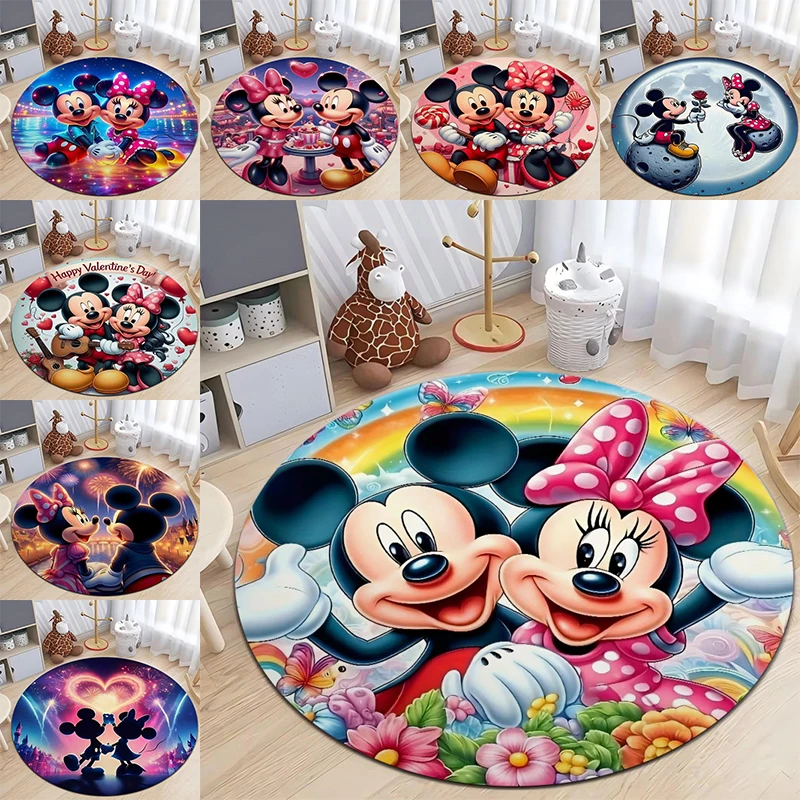 MINISO Disney Mickey and Minnie Mouse Round Rugs Kids Bedroom Carpet Living Room Nonslip Floor Mat Sofa Rugs for Home Decor Rug