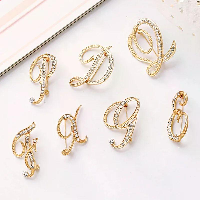 Fashion Rhinestone 26 English Letters Pin Golden Color Brooches Trend Personality Clothing Accessories Women Gifts