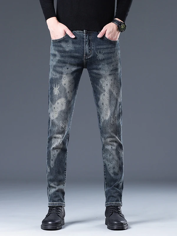 

Spider Print Men's Slim Fit Jeans Water Waed Casual Cotton Stretch Denim Pants mid Waist Zipper Closure Autumn New Sle