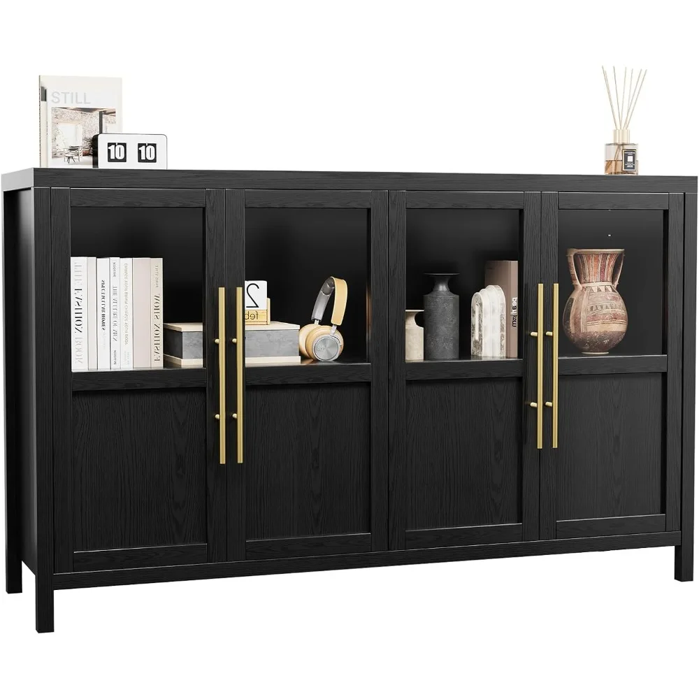 

Sideboard Buffet Cabinet With 4 Glass Doors, 55" Buffet Table Coffee Bar Wine Bar Display Cabinet For Kitchen Dining Room,