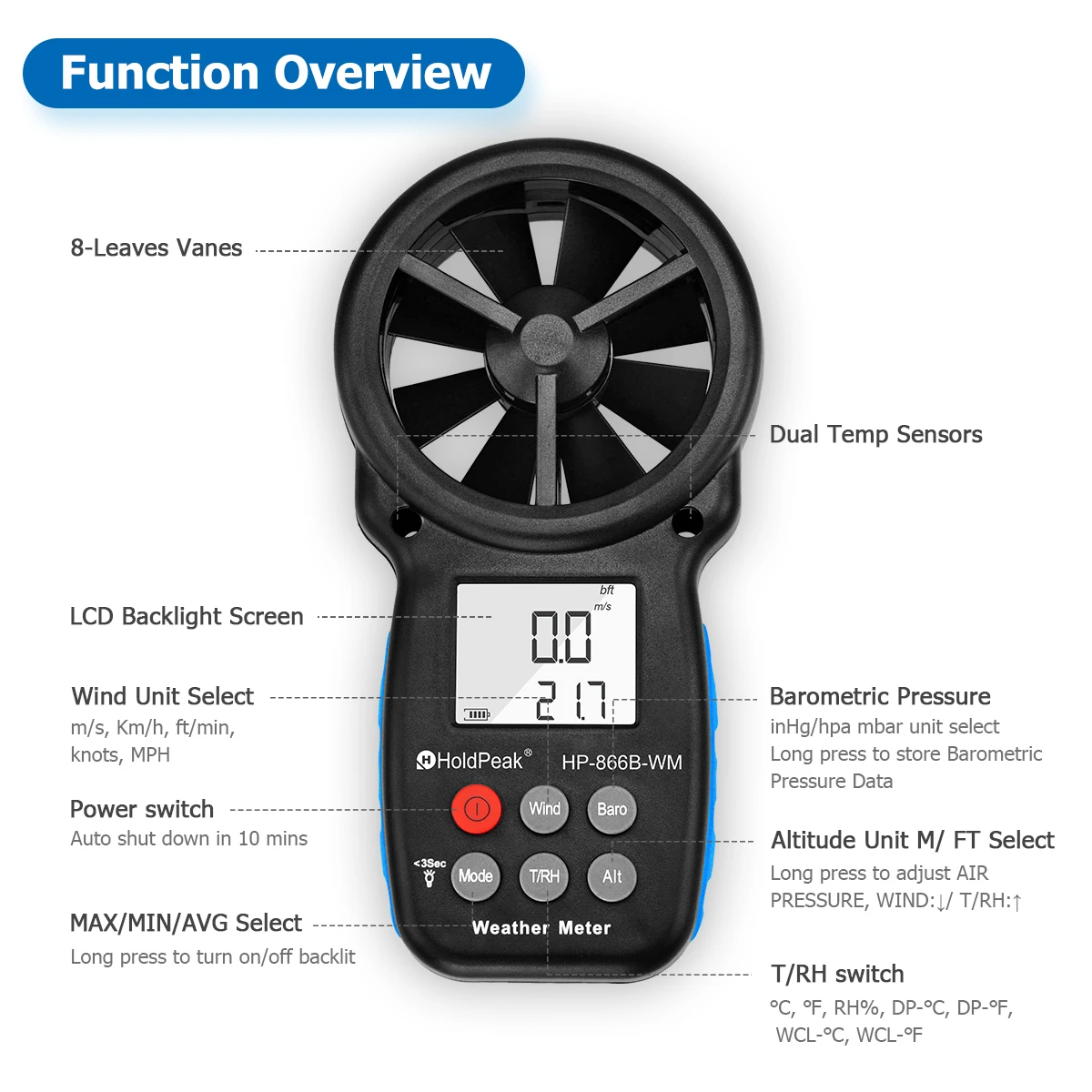 HP-866B-WM Anemometer-Anleitung, Windgeschwindigkeit, Barometer-Anzeige, Temperatur-/Feuchtigkeits-/Taupunkt-/Windkühlungsanzeige, Höhe