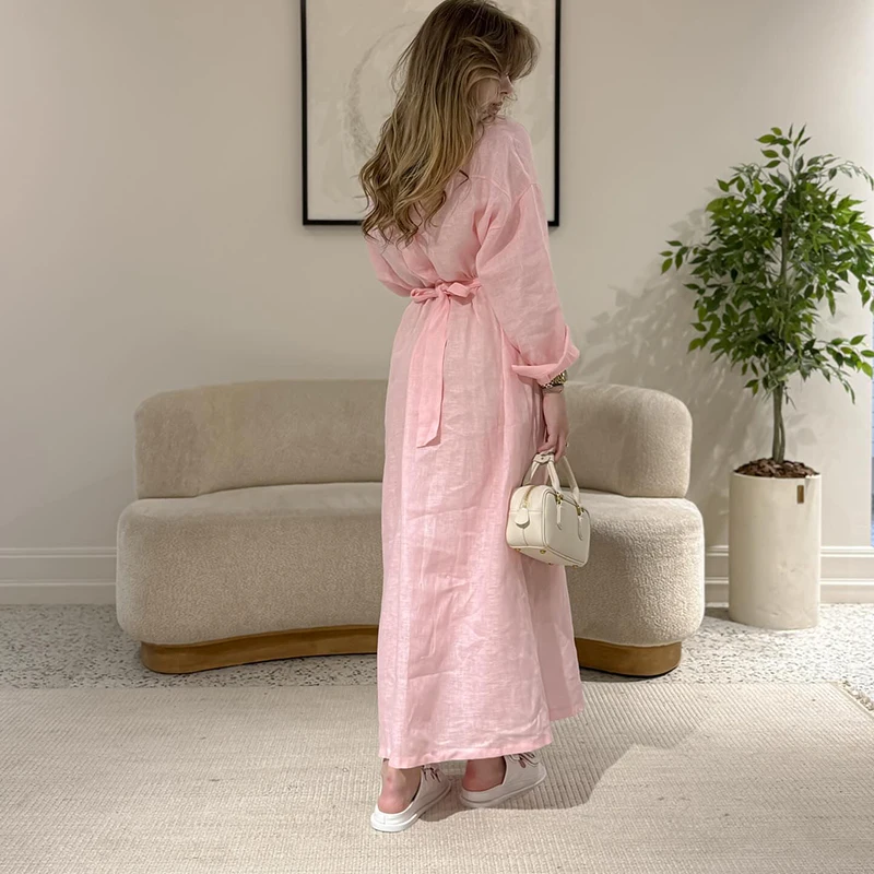 Casual Einreiher Revers Shirts Kleid Herbst Neue Einfarbig Langarm Leinen Kleid Temperament Elegante Dame Pendeln Kleid