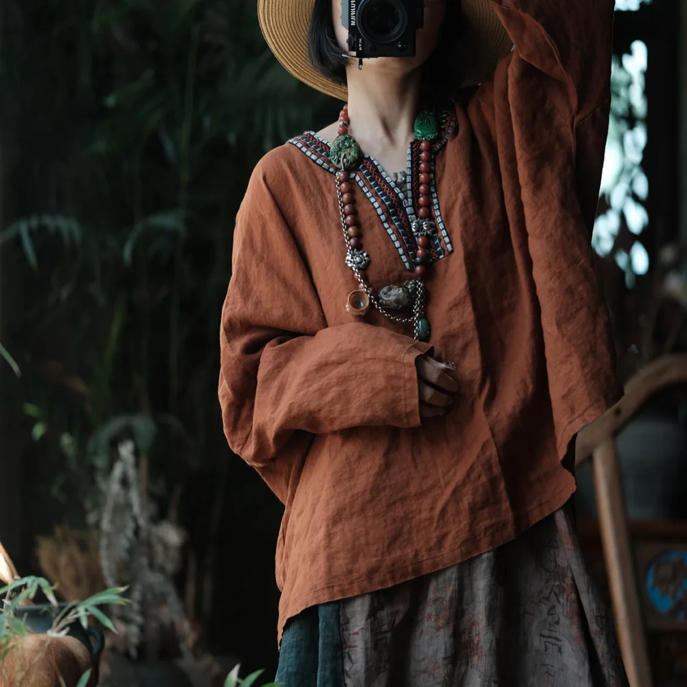 

Boho Rust Washed Linen Blouse for Women Handmade Embroidered Collar Breathable Loose Vintage Cozy and Stylish Blouses Plus Size