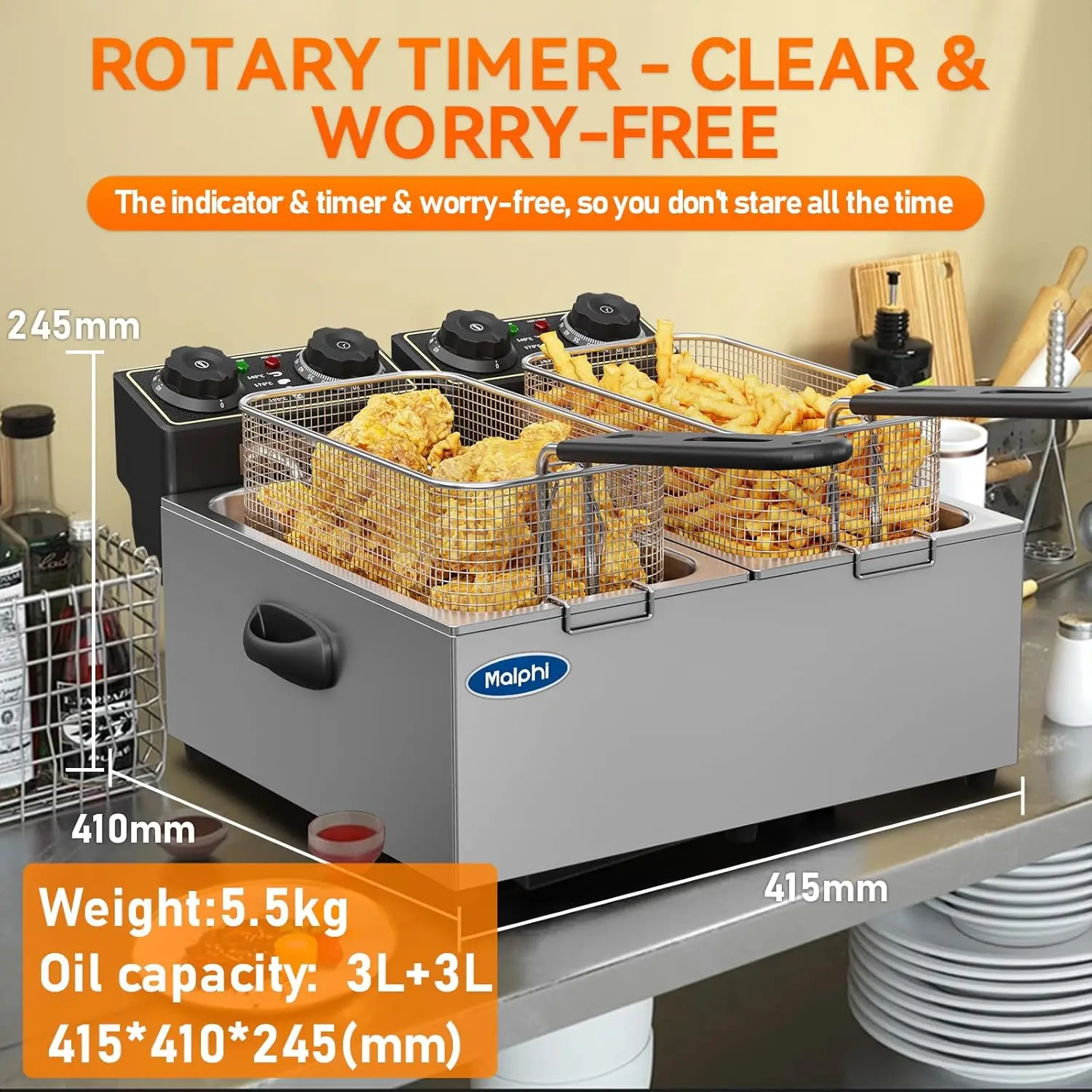 Фритюрница на 3 литра с регулируемой температурой, сковородки для стружки, корзина и крышка, высокая мощность 2000 Вт, Электрический масляный горшок, Overheat Pro