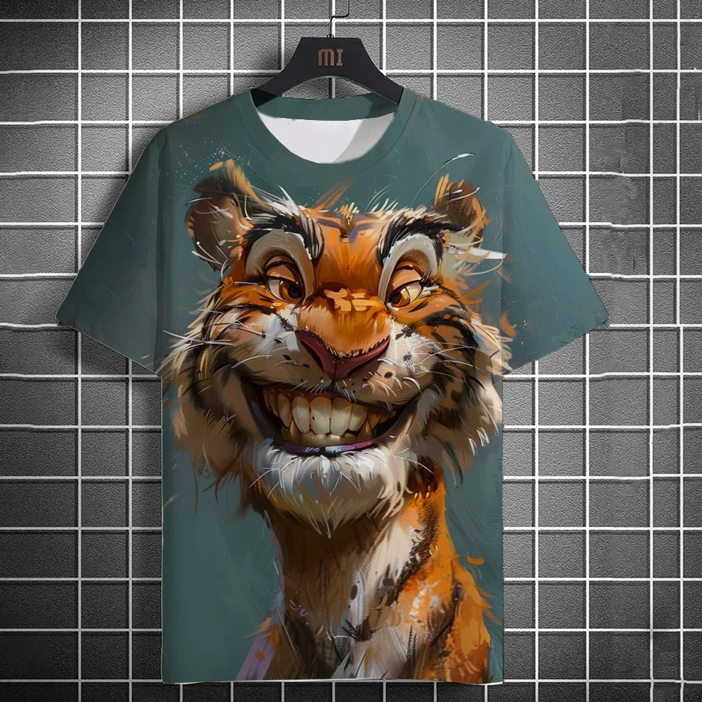 

2025 New Fashionable Men's Casual T-shirt 3D Printed Fun Animal Printed Short Sleeve Street Fashion Tiger Printed Round Neck Top