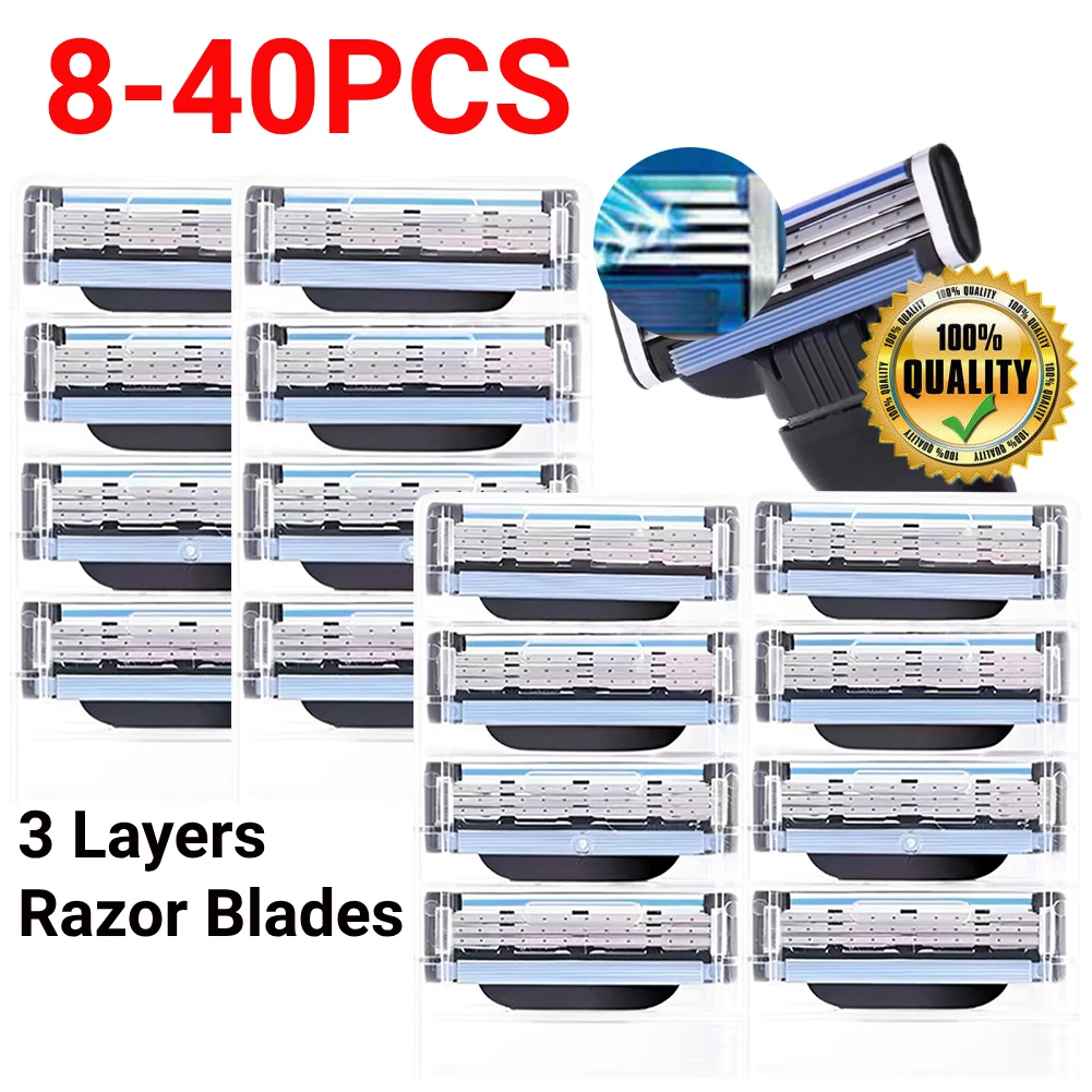 Lame de sécurité tranchante à 3 couches en acier inoxydable, pour Mach 3, lames de rasoir manuelles de remplacement, produits pour hommes, recharges, 8 à 40 pièces