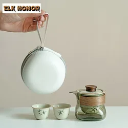 Pure Hand-painted Green Bamboo Tea Set Kit Handmade 1 Pot 2 Cups Tea Brewing Kit Portable Travel Bag Tea Ceremony Accessories