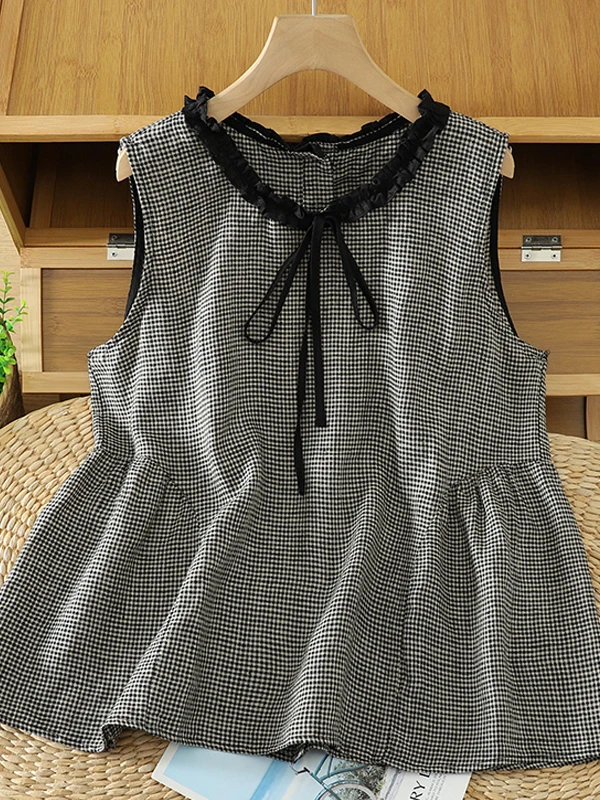 

Summer 2026 Artistic Style Design Lace Collar Tie Vest Color Woven Linen Sleeveless Shirt Women's Loose Fit Breathable Top