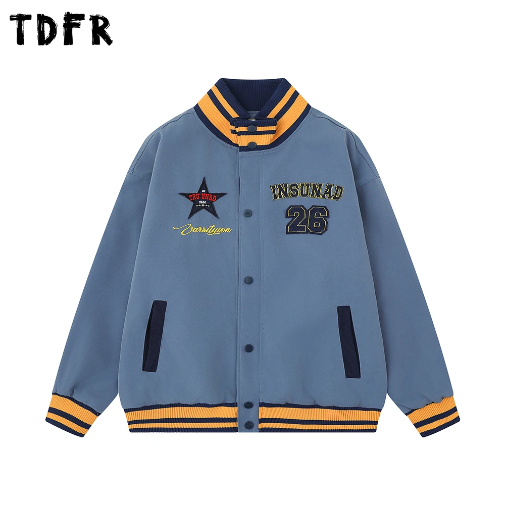 

Contrast Paneled Baseball Jacket Mens Patch Letter Embroidery Autumn Casual Retro Loose Stand Collar Long Sleeve Outerwear Man
