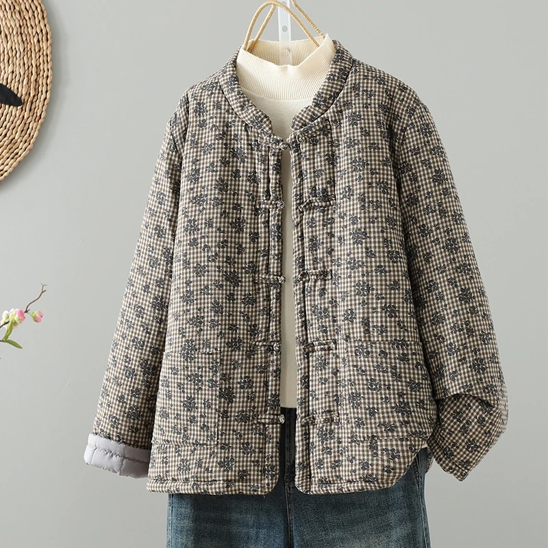 Thiened algodão jaet feminino inverno hanfu algodão linho estampa floral top longo sve comprimento regular fecho de botão único