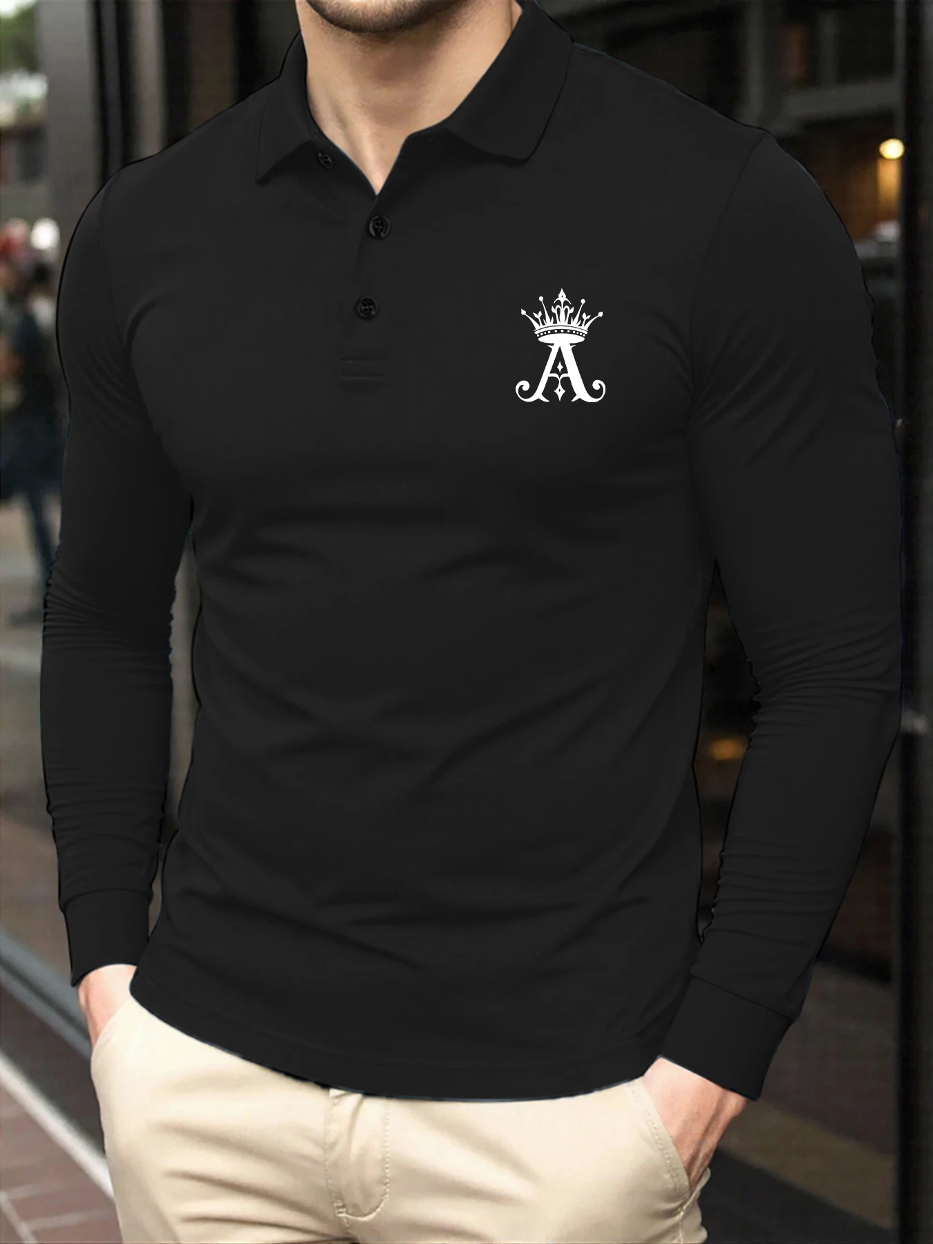 

Crown Letter A Simple Print Mens Polo Shirts Basics Hot Sale Clothing Autumn Solid Tee Tops Long Sleeve Comfy Sportswears