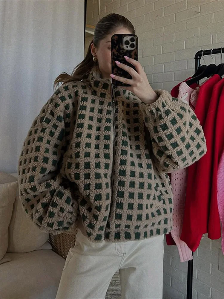 Fashion Plush Plaid Women's Jackets Coat Stand Collar Zipper Thicken Full Sleeve Coats Female Autumn Winter Lady Streetwears