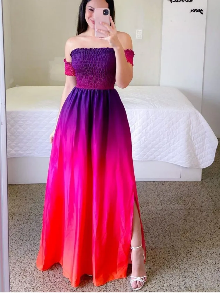 Elegant Women\'s Off Shoulder Midi Dress 2024 Summer Fashion Dresses High Waist Flower Print Short Sleeve Vestidos Robe Clothing