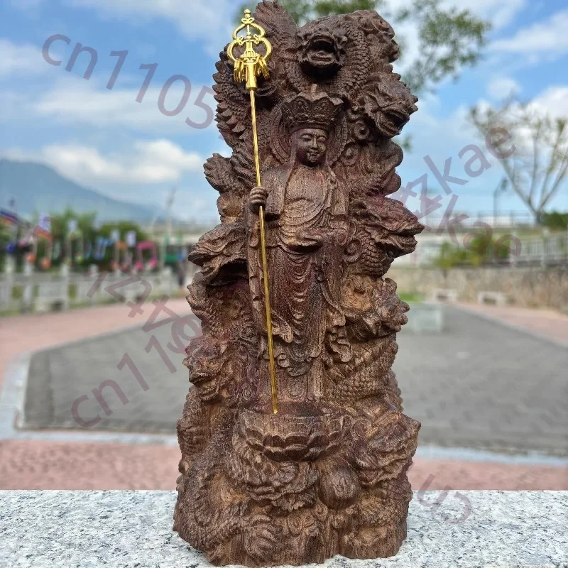 Hand-Carved Agarwood Ksitigarbha Bodhisattva Statue with Nine Dragons - 10.6