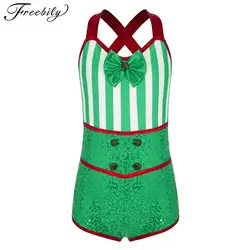 Kids Girls Christmas Santa Sweetie Candy Cane Costume One Piece Striped Criss-Cross Back Ballet Dance ginnastica body Unitard