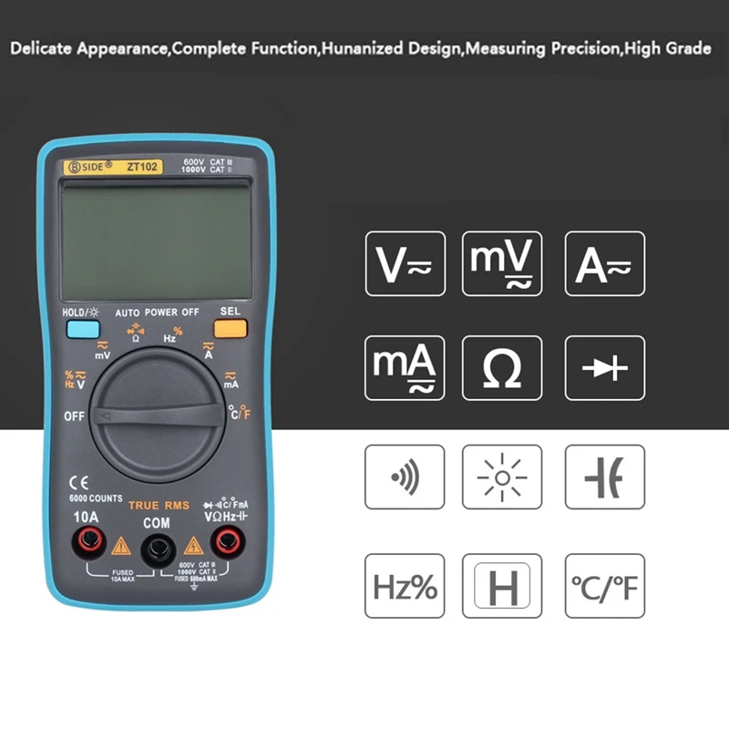 BSIDE 1Set ZT102 Multimeter Digital Multimeter 6000 Counts AC/DC Voltage Current Tester Voltmeter Ammeter Frequency Meter ABS