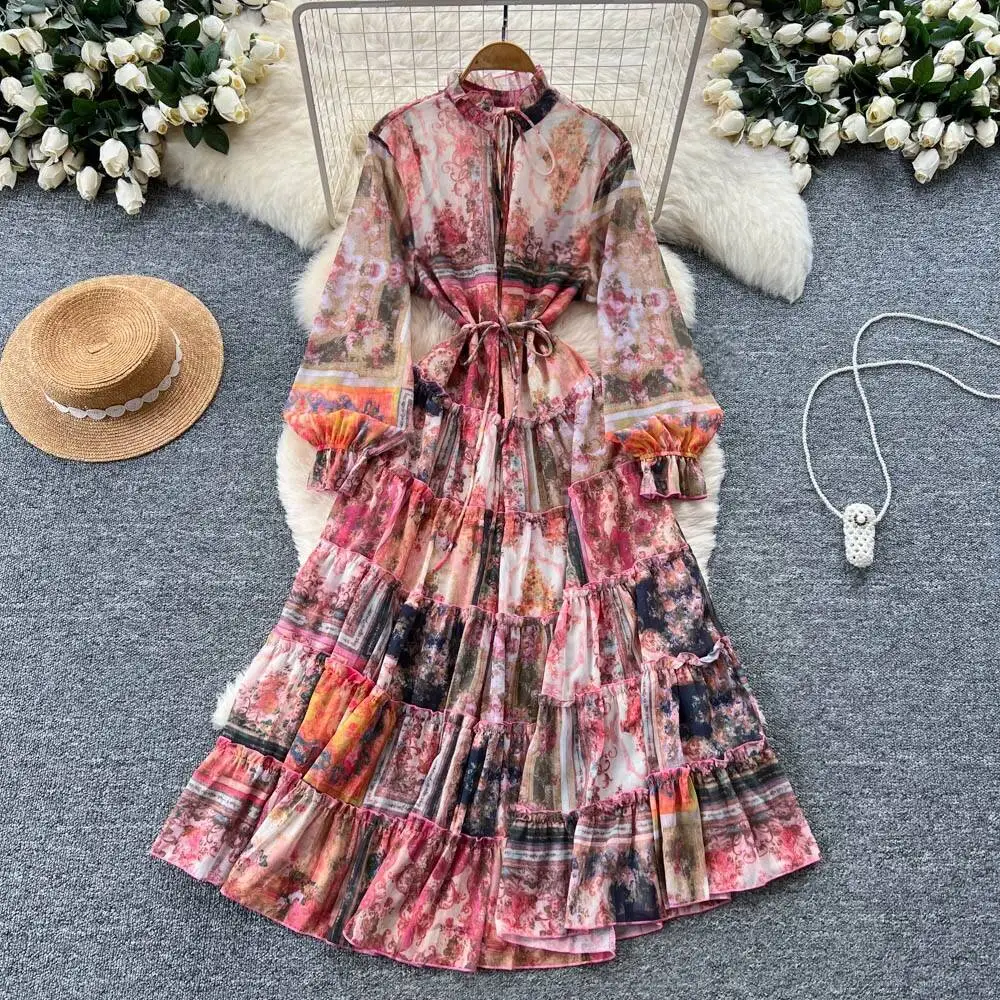 

Шикарное винтажное платье с длинными рукавами и рюшами с принтом, элегантная фея, корейская модная осенняя вечеринка, женская одежда