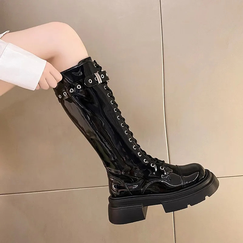 Shoes for Women 2023 Winter New Black Patent Leather Women's Boots Round Toe Platform Female Knee Boots Botas Largas De Mujer