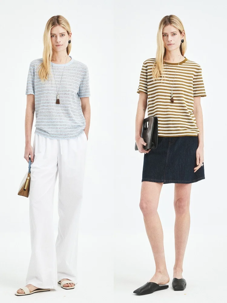 

Женская футболка MRS Studios из льна и хлопка, комфортная, классическая, с круглым вырезом, в полоску, вязаная, с коротким рукавом, для весенней повседневной моды