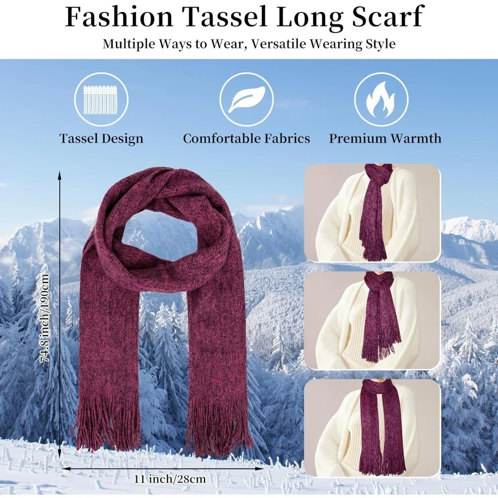 الشتاء الدافئة قبعة صغيرة قفازات لمس طقم وشاح طويل للنساء مع عقال، قبعة متماسكة الأوشحة مع شرابة للنساء