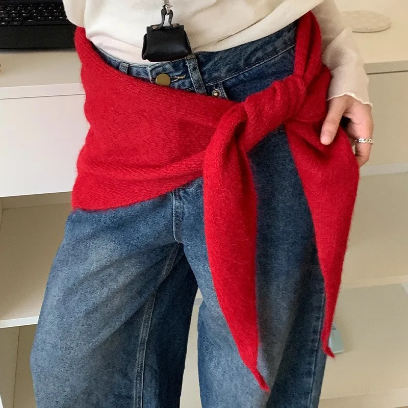 Korean INS Knitted Soft Scarf for Women Wool Winter Warm Scarves Bright Solid Color Thicken Shawl Triangle Fashion Sweet Scarfs