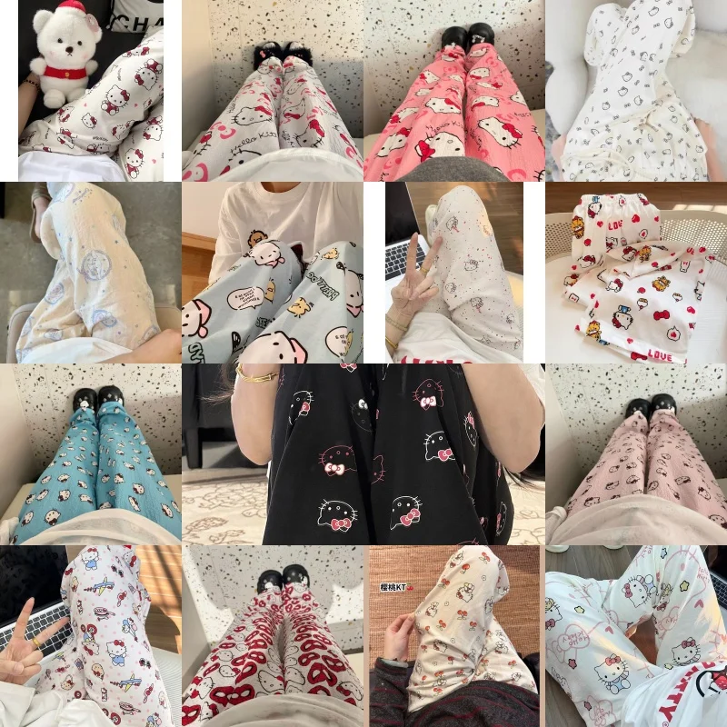 

Cute Hello Kitty Casual Pants Kawaii Cartoon Anime Summer Women's Loose High Waist Drop Feel Student Girls Gift Wholesale